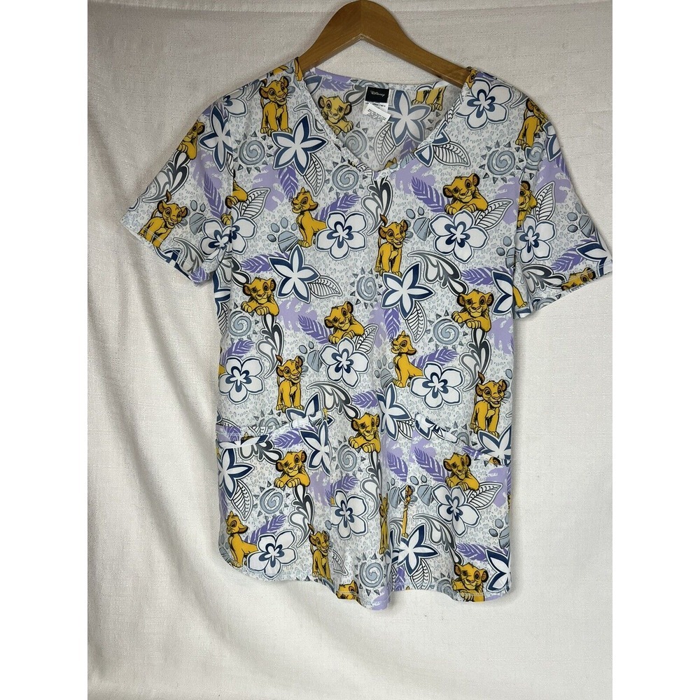 Women's Size Small Disney Scrub Top Lion Long Simba Flowers